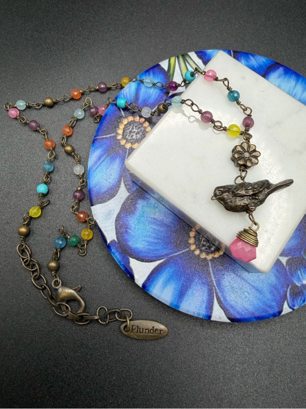 Plunder Chain link Bead Bird pendant necklace #E433